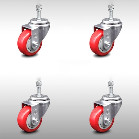 Service Caster 3.5 Inch SS Red Polyurethane Wheel Swivel 10mm Threaded Stem Caster Set SCC-SSTS20S3514-PPUB-RED-M1015-4
